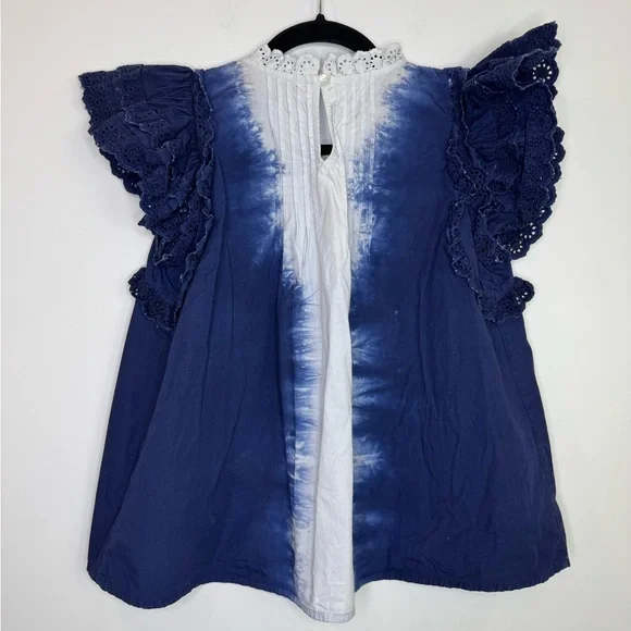 SEA New York "Evelyn" cotton tie dye blouse top XS blue white eylet lace ruffles - Picture 8 of 9